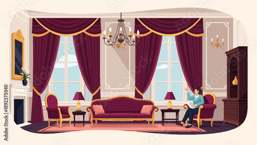 Elegant drawing room with ornate furnishings and a person reading a book