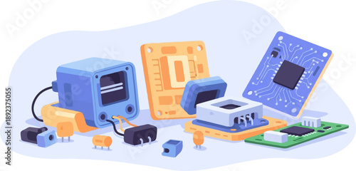Electronic components and circuit boards laid out in a stylized arrangement