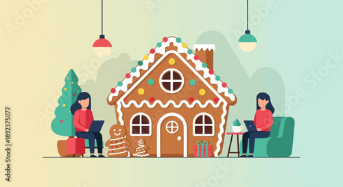 Festive illustration of people working near a gingerbread house and Christmas tree