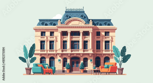 Elegant building with classical architectural features and outdoor seating