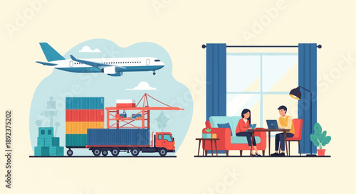 Diverse operations air cargo, sea shipping, and remote office work