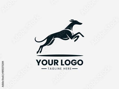 Running greyhound dog in full motion representing speed agility and modern athletic identity in black vector logo illustration