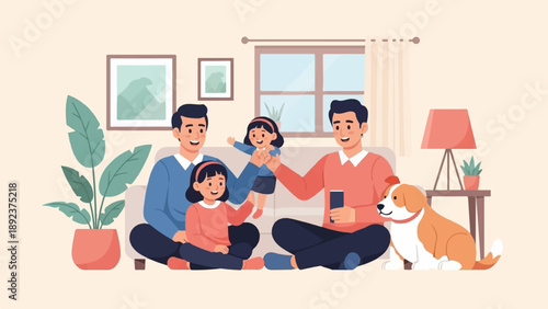 Family enjoys relaxing indoor time together with a dog and doll