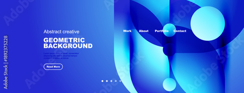Abstract blue design features geometric shapes, text elements, navigation menu. Modern aesthetic suitable for website header or banner.