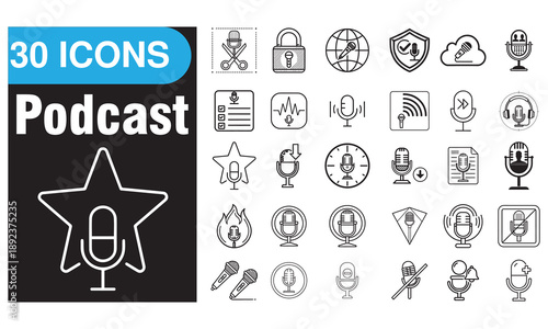 Podcast Icons Set — Line Vector Microphone and Audio Symbols for Broadcasting, Music, and Media Design