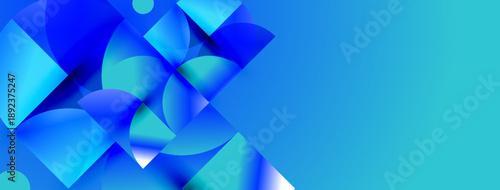 Abstract blue shapes overlap, creating dynamic composition. Gradient hues suggest depth, modern design aesthetic. Clean, vibrant.