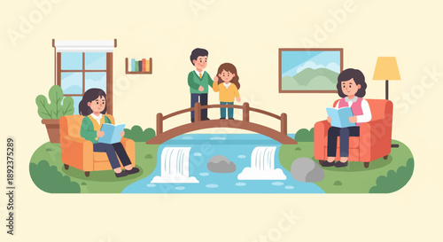 Family enjoys relaxing and reading by indoor waterfall and bridge