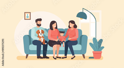 Diverse family with dog relaxing on sofa, indoor scene with plant and lamp