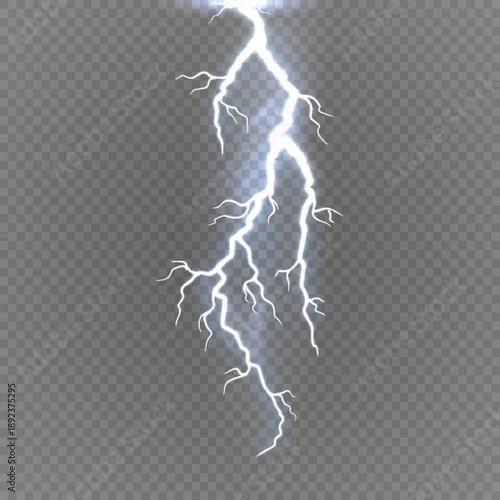 Realistic white lightning bolt energy flash, high-intensity electric streak with glowing effects on transparent background, perfect for digital design, overlays, and special effects