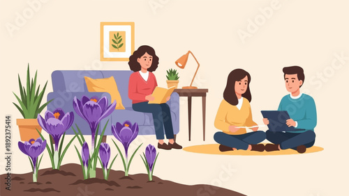 Diverse group enjoys indoor activities with spring blooms and green plants