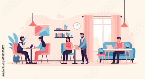 Diverse people collaborating and working on laptops in a modern, cozy office space