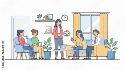 Diverse group in a meeting, one person presents a house model