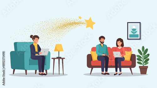 Diverse people collaborating on laptops and tablets under a starry sky