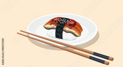 Delicious grilled eel sushi served on a white plate with chopsticks