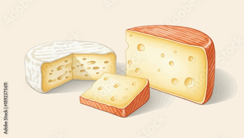 Delicious cheese assortment with a round, a wedge, and a cube