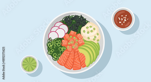 Delicious and healthy poke bowl with fresh ingredients and dipping sauces