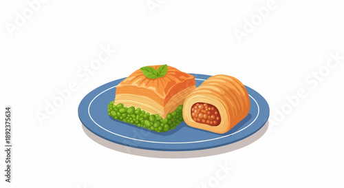 Delicious baklava and rolled pastry with pistachios on a blue plate