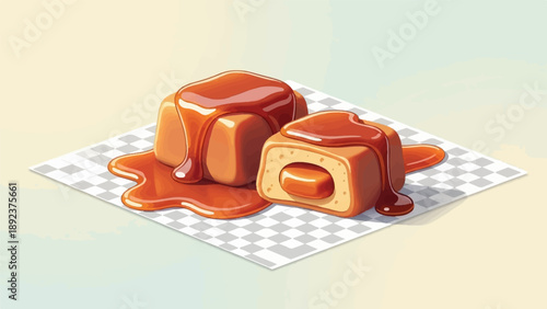Delicious caramel-drenched cubes on a checkered surface