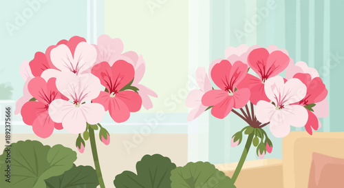 Delicate pink and red flowers bloom indoors near a window