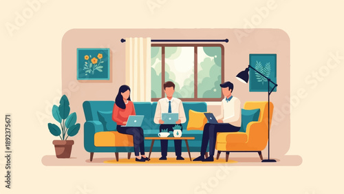 Diverse colleagues collaborate on laptops in a cozy, sunlit office interior