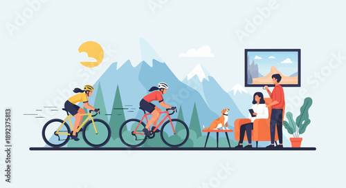 Cyclists outdoors, a dog watches, people relax indoors with a pet