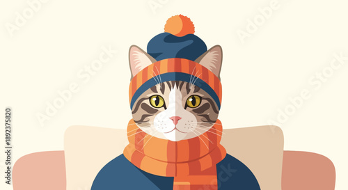 Cute tabby cat wearing a blue and orange winter hat and scarf