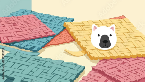 Cute white dog face appears above colorful woven mats