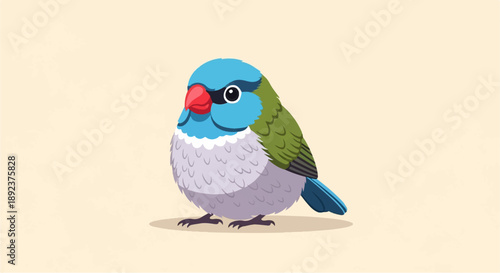 Cute plump bird with blue head, red beak, and green wings