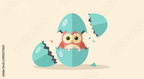 Cute pink owl hatches from a cracked blue eggshell
