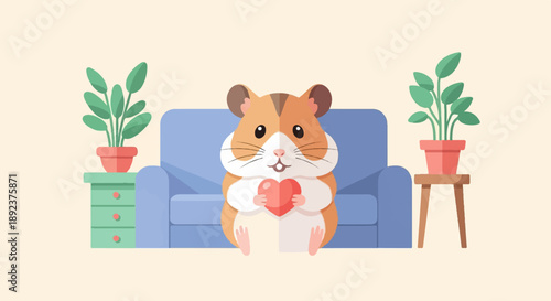 Cute hamster sits on a couch holding a heart with potted plants