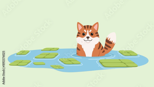 Cute cartoon tabby cat sits in a blue pond with lily pads