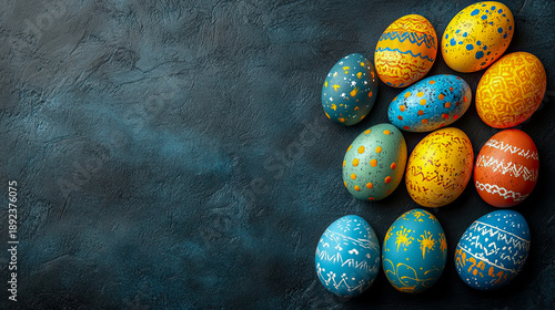 Collection of vibrantly decorated Easter eggs with intricate patterns and speckled designs are arranged on textured dark blue background, evoking festive and traditional spring holiday mood