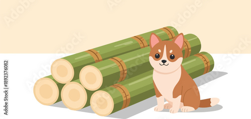 Cute cartoon puppy sits next to a pile of green logs on a white surface