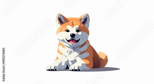 Cute cartoon puppy with orange and white fur, lying down and smiling
