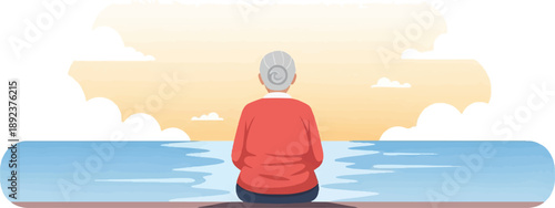 Elderly person sitting by the ocean at sunset, contemplating peace