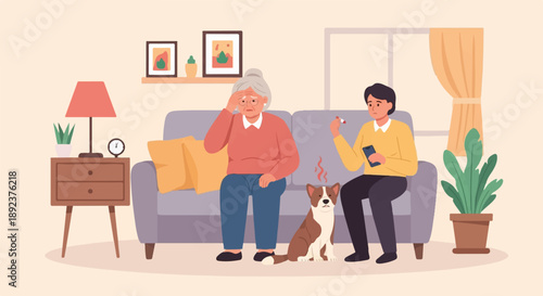 Elderly woman feels unwell, a younger person checks temperature, dog sits nearby