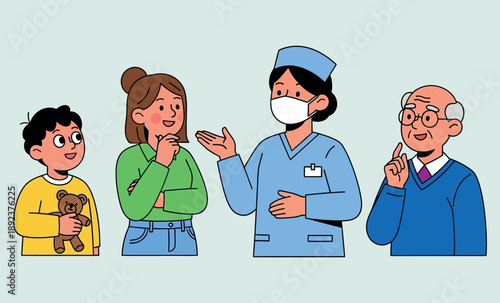 Doctor talking to family about medical advice, masked