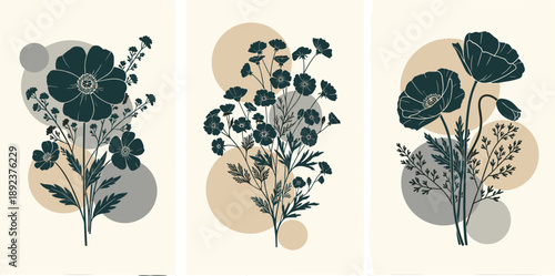 Floral botanical wall art set with minimalist wild flowers, boho aesthetic poster, mid century modern garden decor