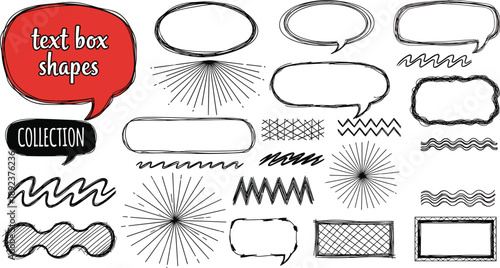 Hand drawn text box shapes collection, sketchy speech bubbles, doodle frames, scribble borders, sunburst rays, and zig zag lines set