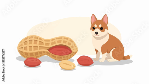 Cute cartoon dog sits beside a giant peanut with scattered kernels