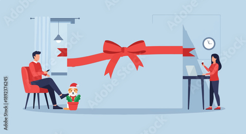 Festive scene with dog, man on chair, and woman at desk with ribbon