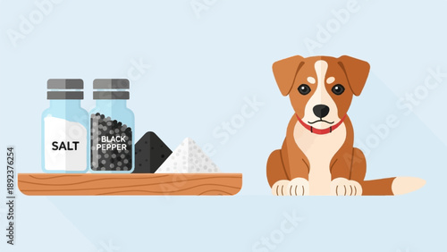 Cute cartoon dog sits beside salt and pepper shakers and mounds