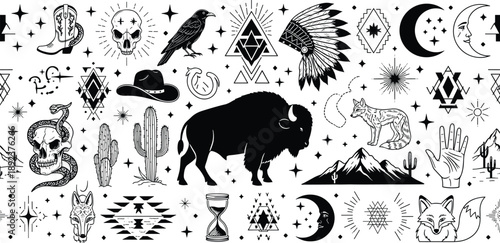 Mystical Western gothic vector set with bison, skulls, cactus, moon, raven, fox, and tribal elements