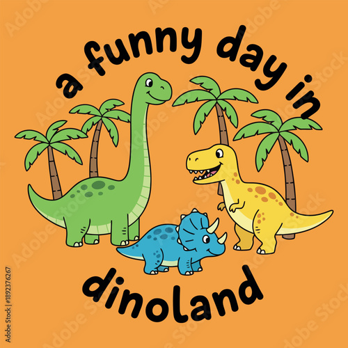 Cute cartoon dinosaurs in 'A Funny Day in Dinoland' illustration
