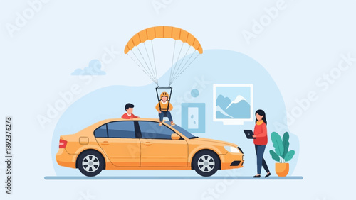 Family enjoys adventure with car, parachute, and technology