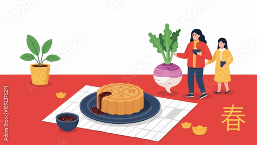 Festive scene with mooncake, turnip, plant, gold ingots and people