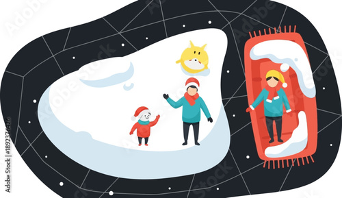 Festive winter scene with people and a dog-like creature enjoying snow