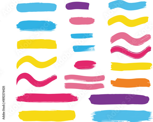 Set of colorful artistic paint brush strokes, vibrant ink splashes, creative hand drawn textured lines, abstract design elements for graphic backgrounds