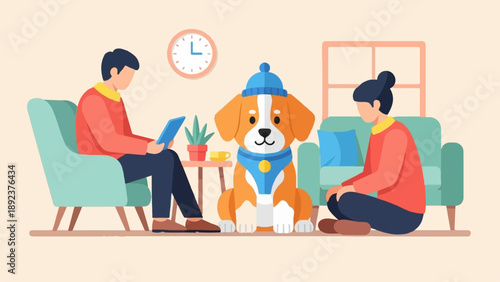 Family relaxing at home with their dog and a tablet