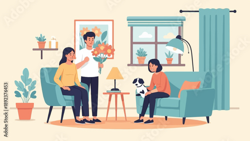 Family enjoys a cozy indoor scene with flowers, a pet, and plants